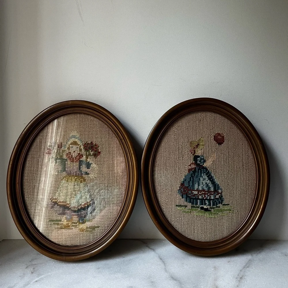 Vintage needle point Wall Art Set of 2 Victorian ladies with flowers